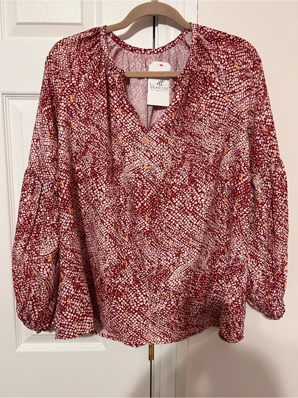 Red Patterned V-Neck Balloon Sleeve Blouse